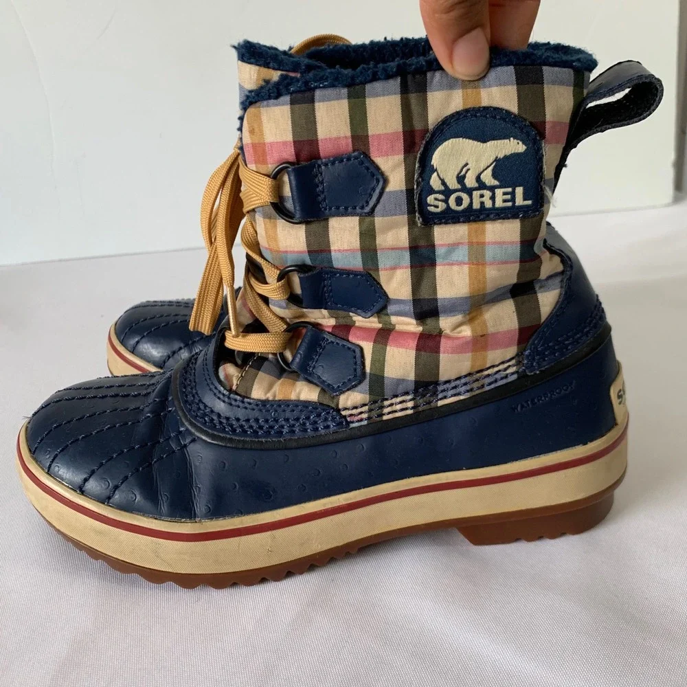 Sorel Winter Duck Boots Womens 6 Navy Blue Plaid Waterproof Insulated Gorpcore